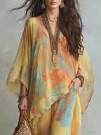 Sunset-Blooming Print Kaftan Top and Wide-Leg Pants Set