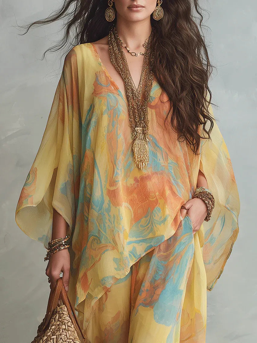 Sunset-Blooming Print Kaftan Top and Wide-Leg Pants Set