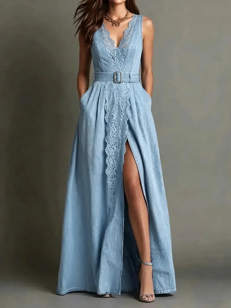 Women's Vacation Style Lace Trim V-neck Sleeveless Denim Dress