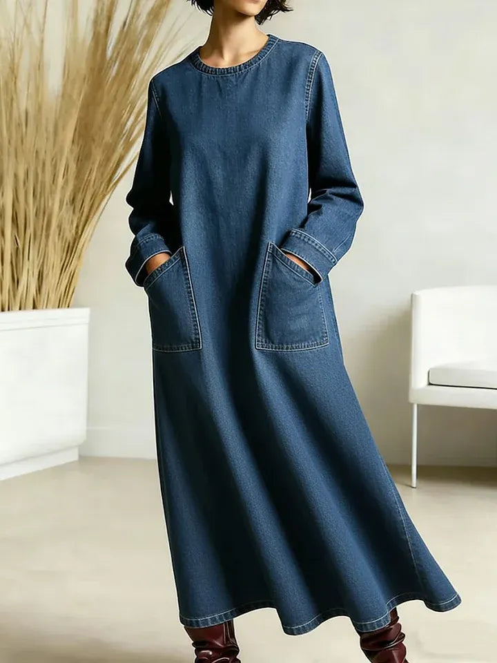 Women's New Spring Collection Round Neck Long-sleeved Casual Loose Denim Dress With Pockets