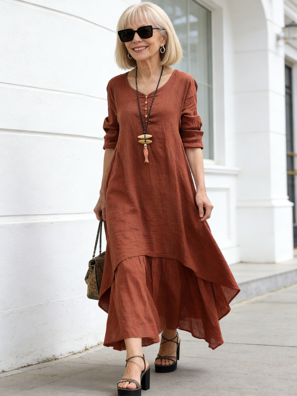 High-quality Fake Two-piece Long Dress Literary Pendulum Linen Dress Loose Long-sleeved Cotton and Linen