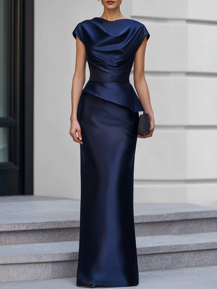 Cap Sleeve Satin Cowl Neck Peplum Maxi Dress
