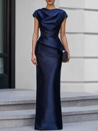 Cap Sleeve Satin Cowl Neck Peplum Maxi Dress
