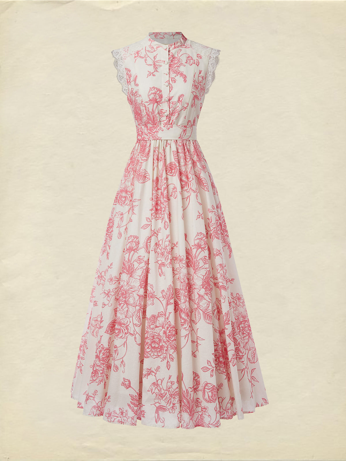 (SIZE:XS-XXL) Maxi Linen Dress , Cap Sleeves, Stand Collar, Floral, Lace, Vintage, Blue