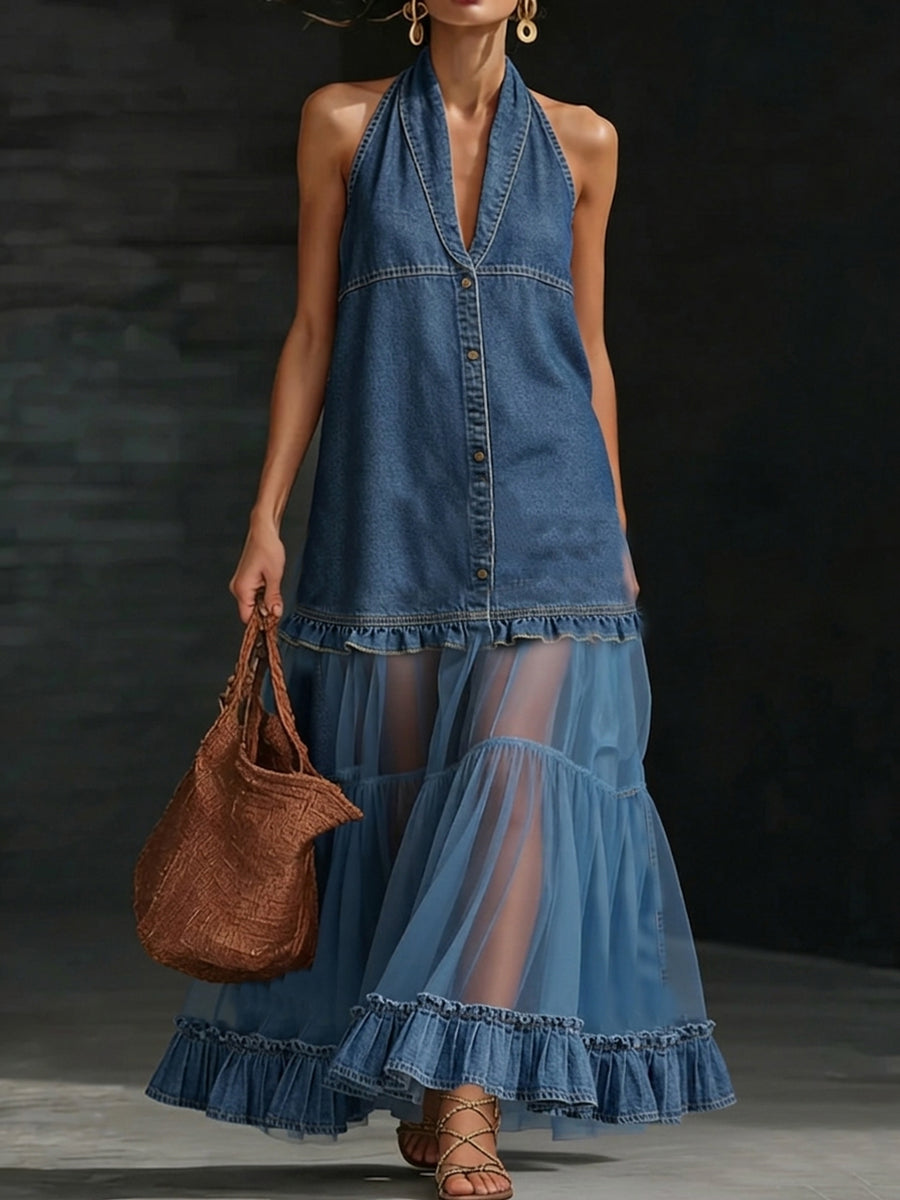 Stylish Elegant Organza-Paneled Denim Maxi Dress