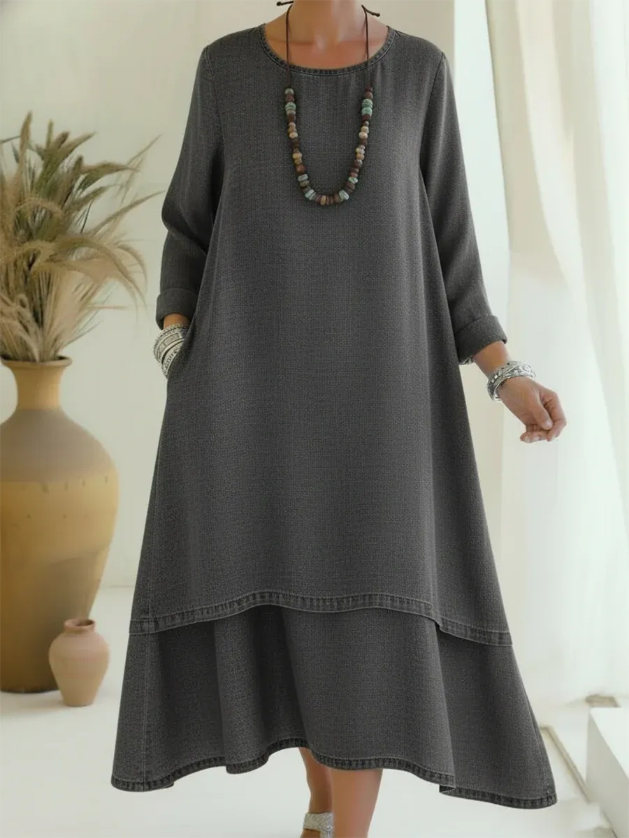Elegant Double-layered Hem Denim Dress
