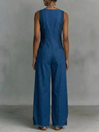 Bohemian-style V-neck Button-front Denim Sleeveless Jumpsuit