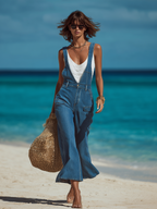 Chic Vacation-Style Blue Denim Flared Cropped Overalls