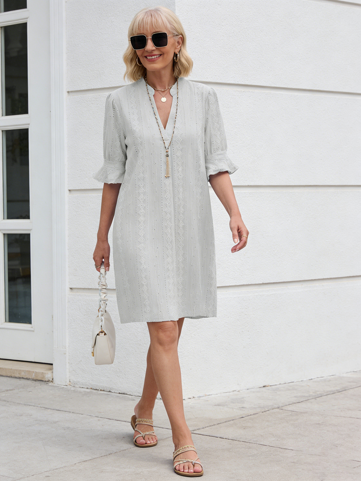 Solid Color Jacquard Five-quarter Sleeve V-neck Loose Dress Women