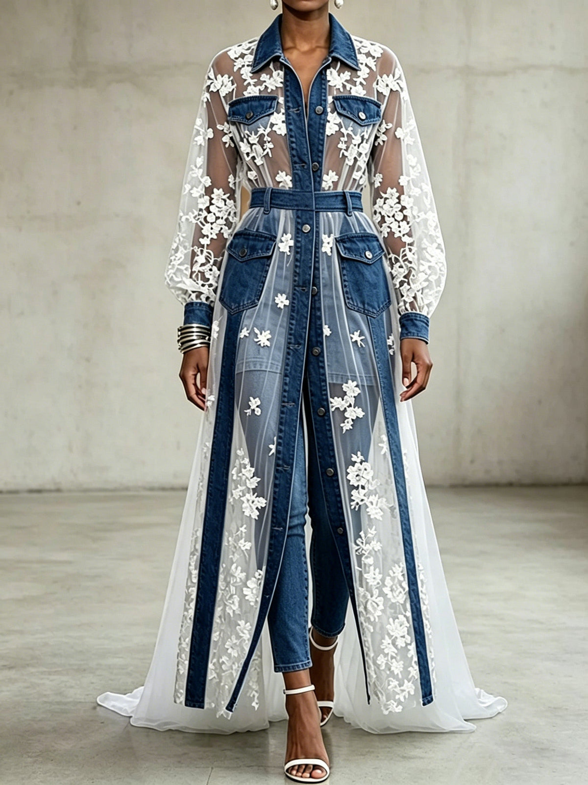 Vintage-style Blue Lace & Denim Maxi Dress â Collared, Sheer, With Lantern Sleeves And Contrast Accents