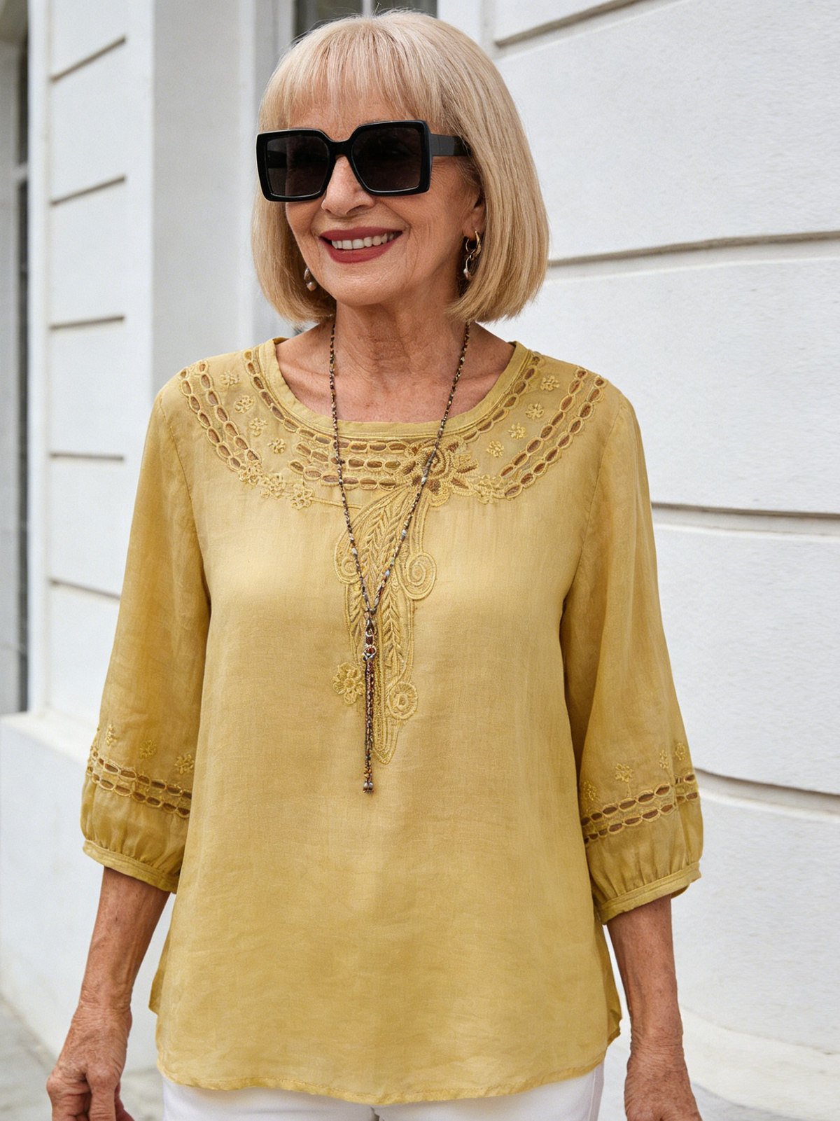 Cotton and Linen Embroidered Shirt with Seven-quarter Sleeves, Thin Temperament, Loose and Versatile Pullover Top