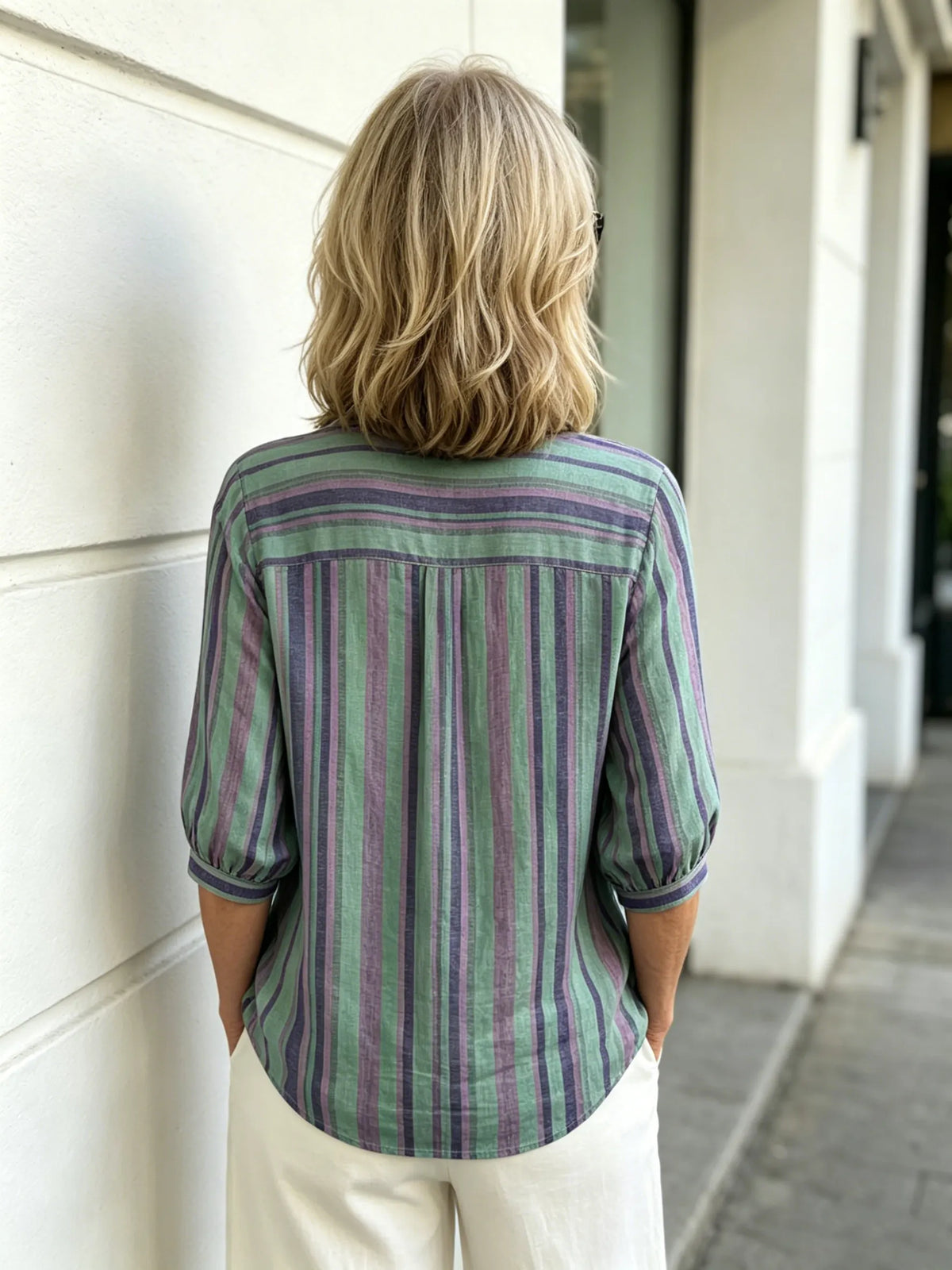 Contrasting Striped Shirt Lapel Single-breasted Medium Sleeve Top Women's Shirt