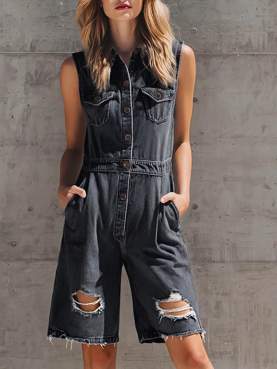 Women's Lapel Sleeveless Casual Loose-fit Denim Romper