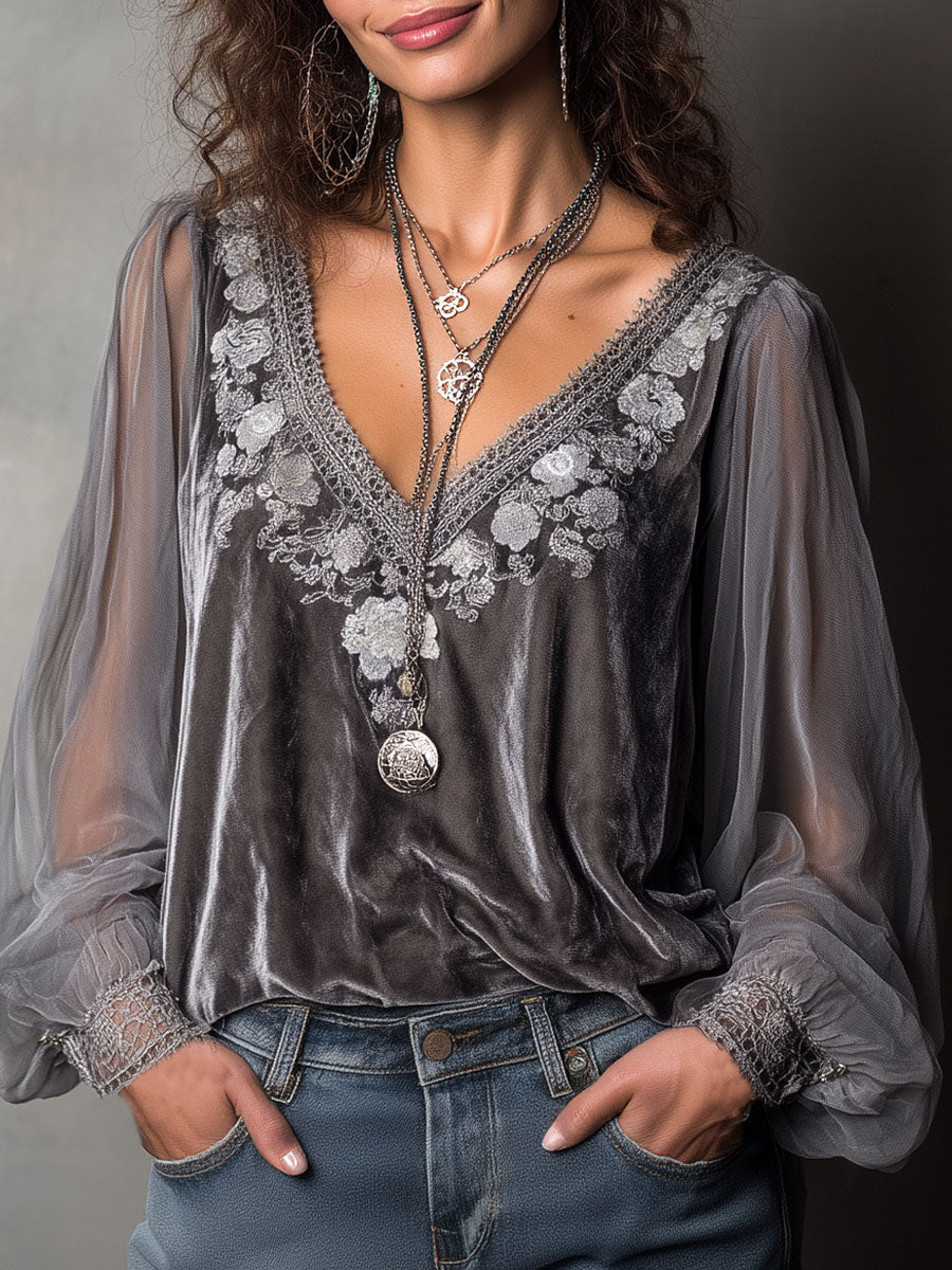 Vintage Grey Embroidered Velvet Blouse With Lace And Sheer Balloon Sleeves
