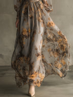 Bohemian Retro Floral Chiffon Ruffle Neckline Maxi Dress