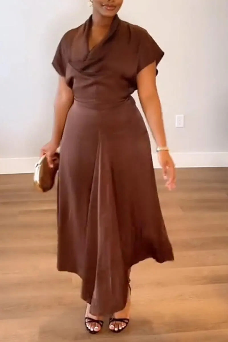 Women V-neck Waist Cinched Solid Color Elegant Casual Dress