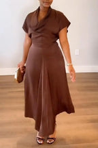 Women V-neck Waist Cinched Solid Color Elegant Casual Dress
