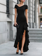 Asymmetric One-Shoulder Ruffle Slit Evening Dress