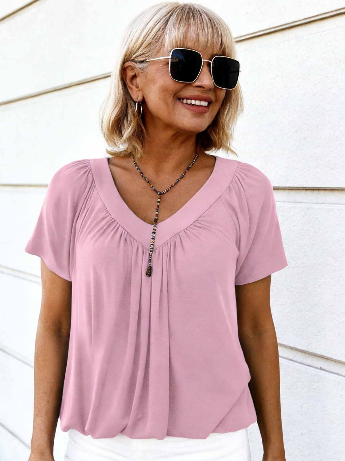 V-neck Shoulder Sleeve Pleated Casual Daily Home T-shirt