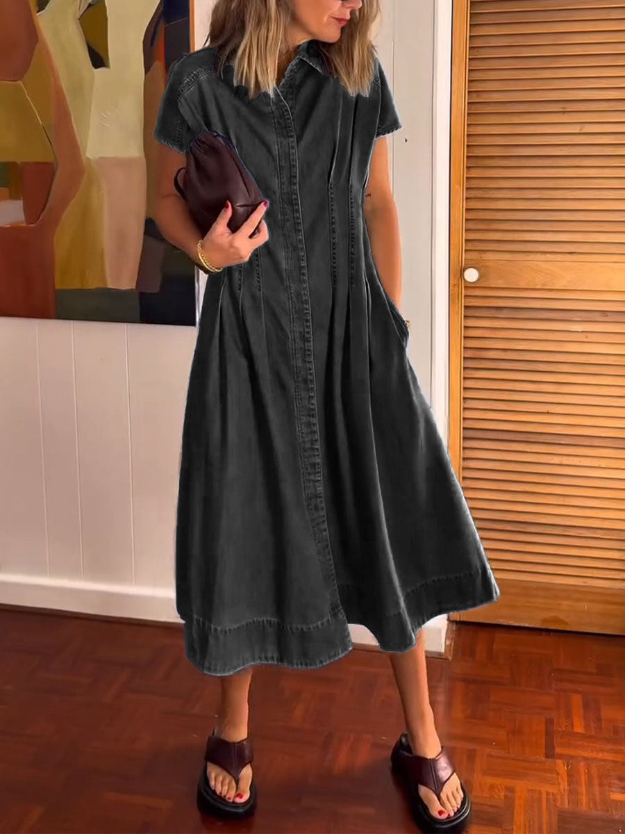 Women's Short-sleeve Casual Loose Pleated Denim Dress With Shirt Collar