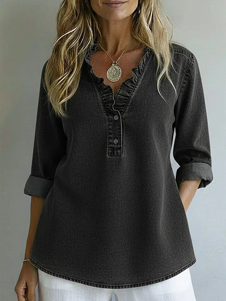 Casual Romantic Ruffled Collar Denim Shirt