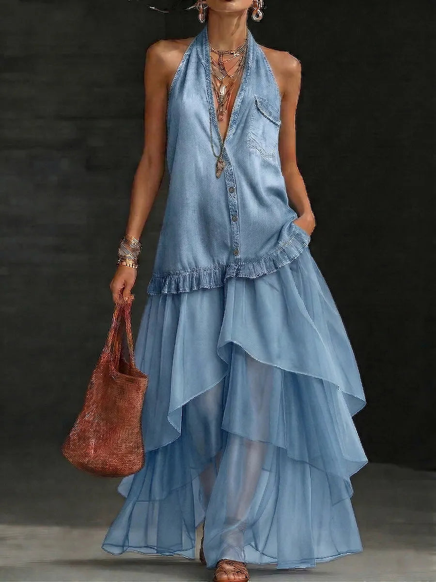 Boho Organza Hem Loose-fit Denim Maxi Dress
