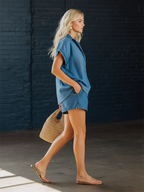 Casual Polo-collar Denim Two-piece Set
