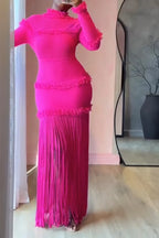 Women Round Neck Patchwork Tassel Solid Color Elegant Temperament Dress