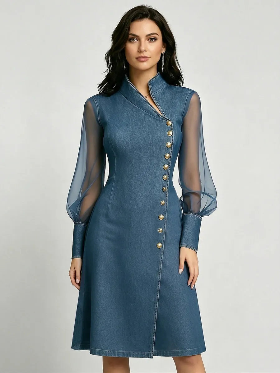 Elegant Stand-Collar Denim Dress with Organza Paneling