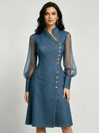 Elegant Stand-Collar Denim Dress with Organza Paneling