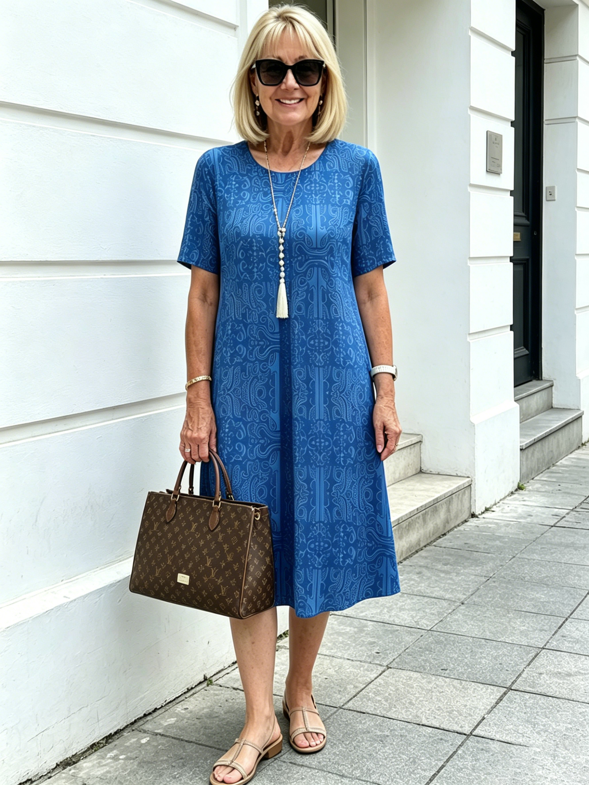 Blue Paisley Print Loose Midi Dress, Round Neck Short Sleeve Tummy Concealing Slimming Temperament Dress for Mature Women