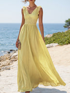 (SIZE:XS-XXL)Linen Maxi Dress, Sleeveless, V neck, Plain, Vintage, Yellow