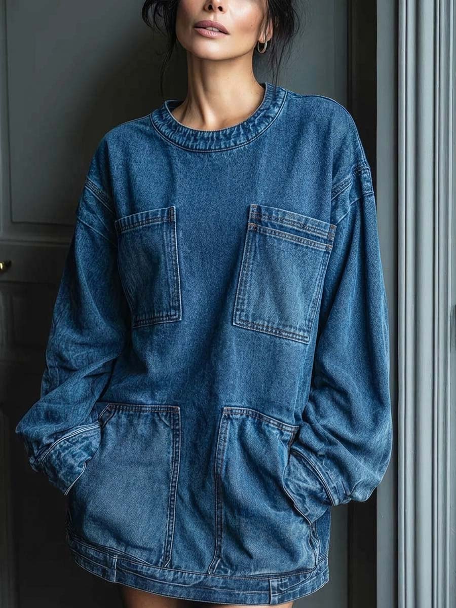 Women's Retro Casual Stylish Pockets Art Denim Short Dress