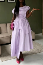 Women Round Neck Patchwork Solid Color Irregular Elegant Temperament Dress