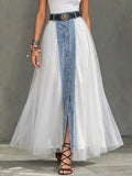Casual Paneled Mesh Denim Skirt