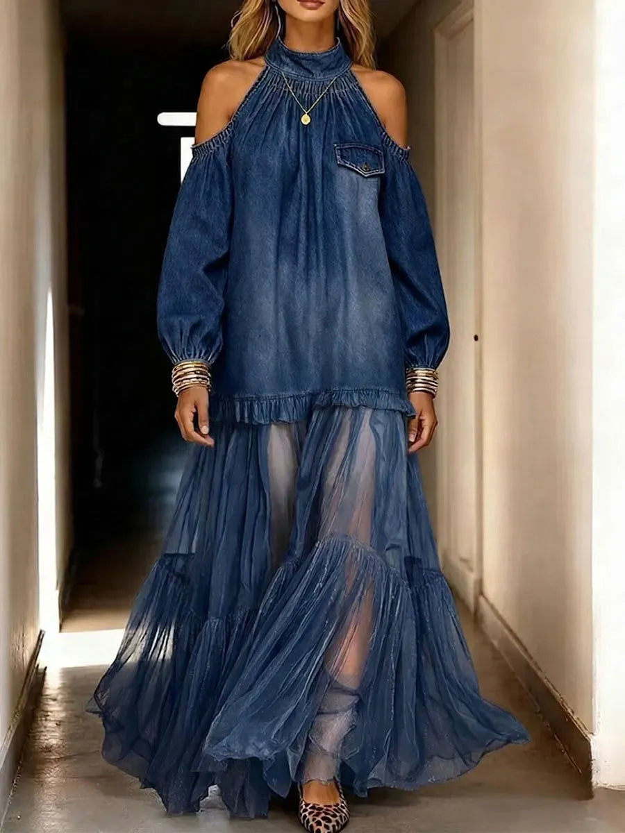 Women's Casual Loose-fit Dress: Stand Collar Long Sleeve Denim And Chiffon Patchwork