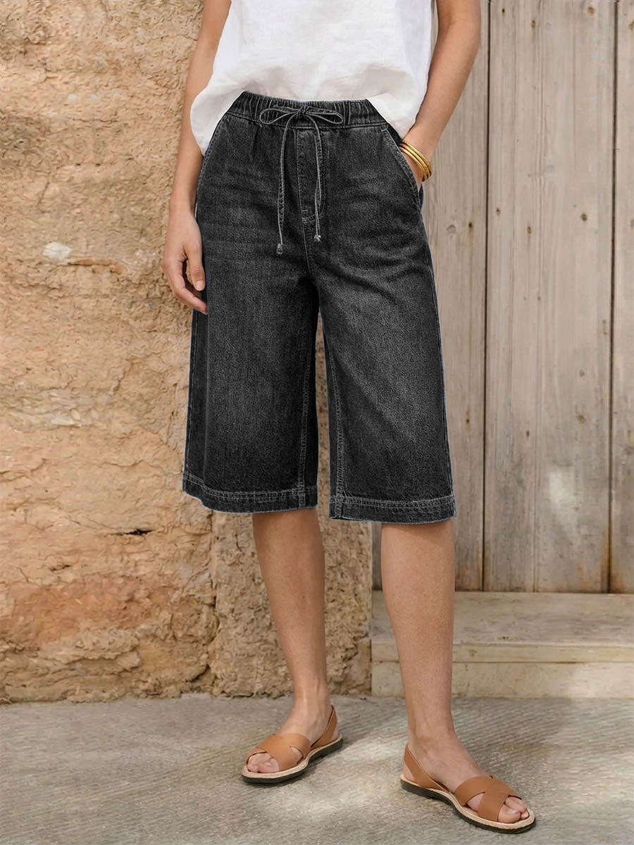 Women's Casual Loose-fit Wide-leg Denim Pants With Elastic Waist And Drawstring