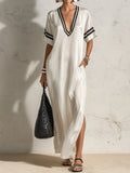 Minimalist Satin V-Neck Short-Sleeve Loose Maxi Dress