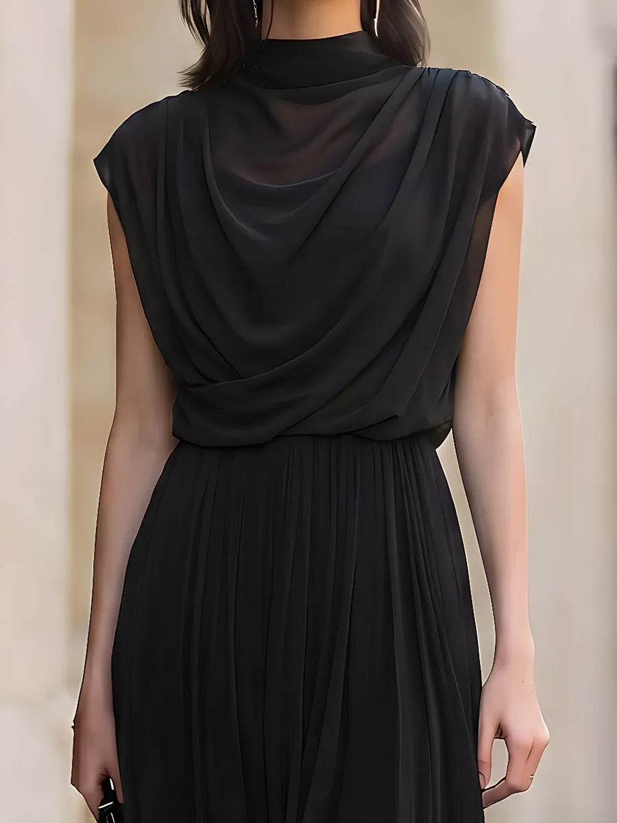 Draped Mock Neck Pleated Maxi Dress