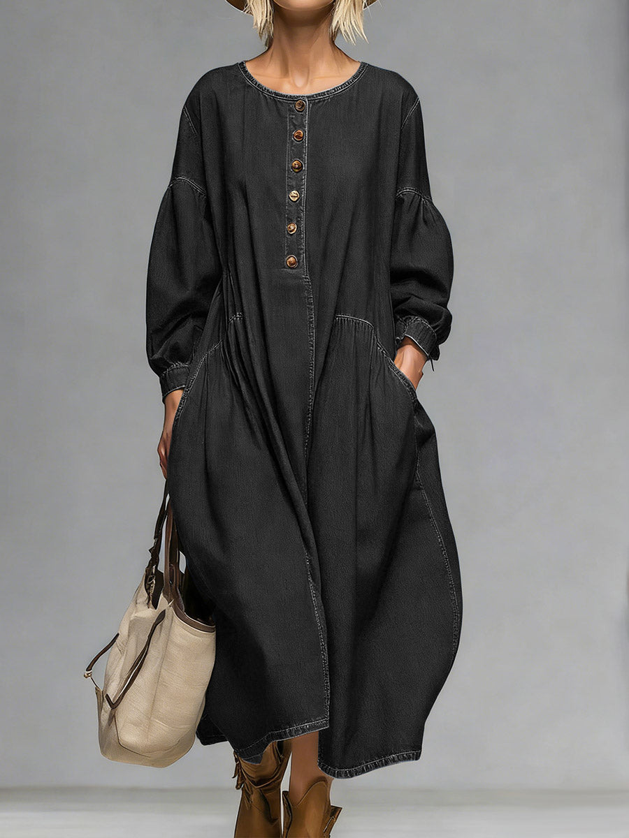 Women's Round Neck Long-sleeved Casual Loose Denim Dress