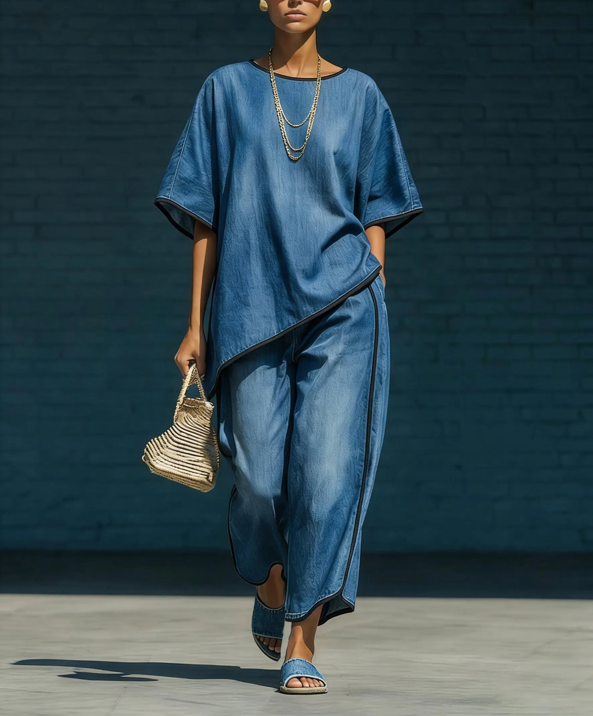 Artistically Cut Decorative Trim Denim Two-piece Set