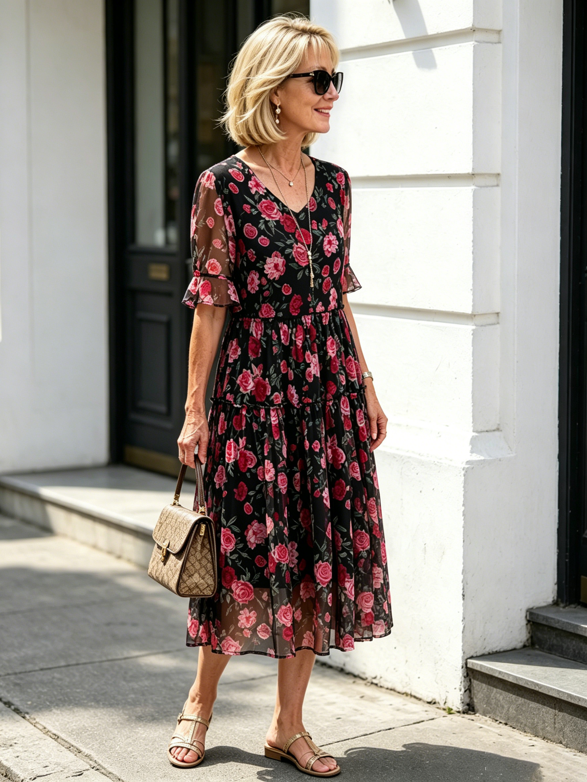 Black Rose Floral Mesh Tiered Midi Dress, V-Neck Ruffle Short Sleeve Loose Tummy Concealing Temperament Dress for Mature Women