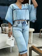 Contrast Color Split-Joint Batwing Sleeves Half Sleeves V-Neck Blouses&Shirts Tops