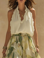 Vacation Chiffon Ruffled Sleeveless Top And Lily Print Pants Set