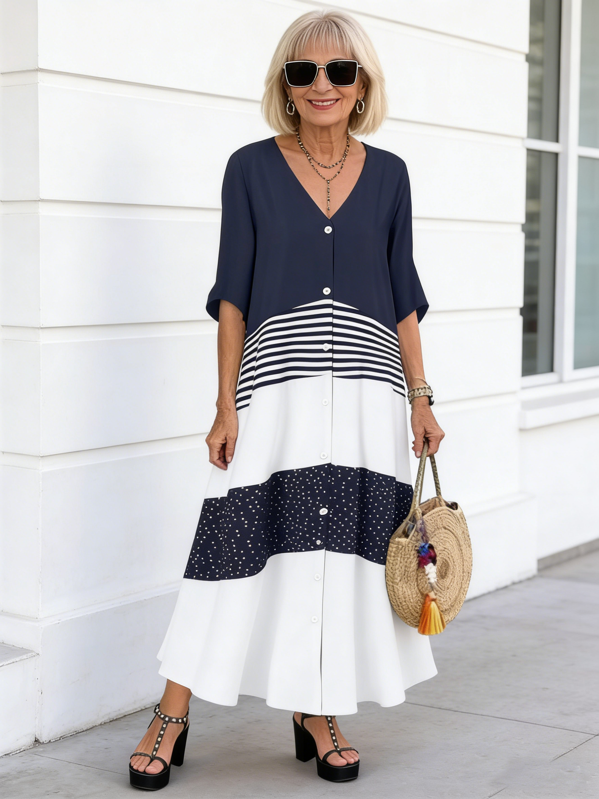 V-Neck Short Sleeve Printed Long Dress Button Casual Dress
