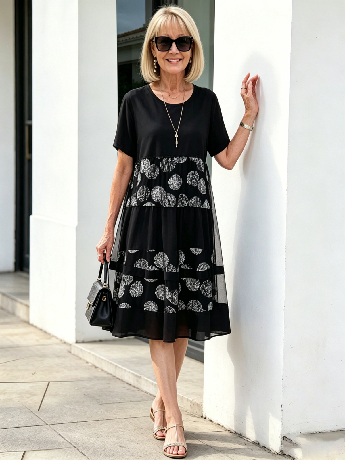 Black Polka Dot Fake Two-Piece Tiered Midi Dress, Round Neck Short Sleeve Loose Tummy Concealing Summer Dress for Mature Women