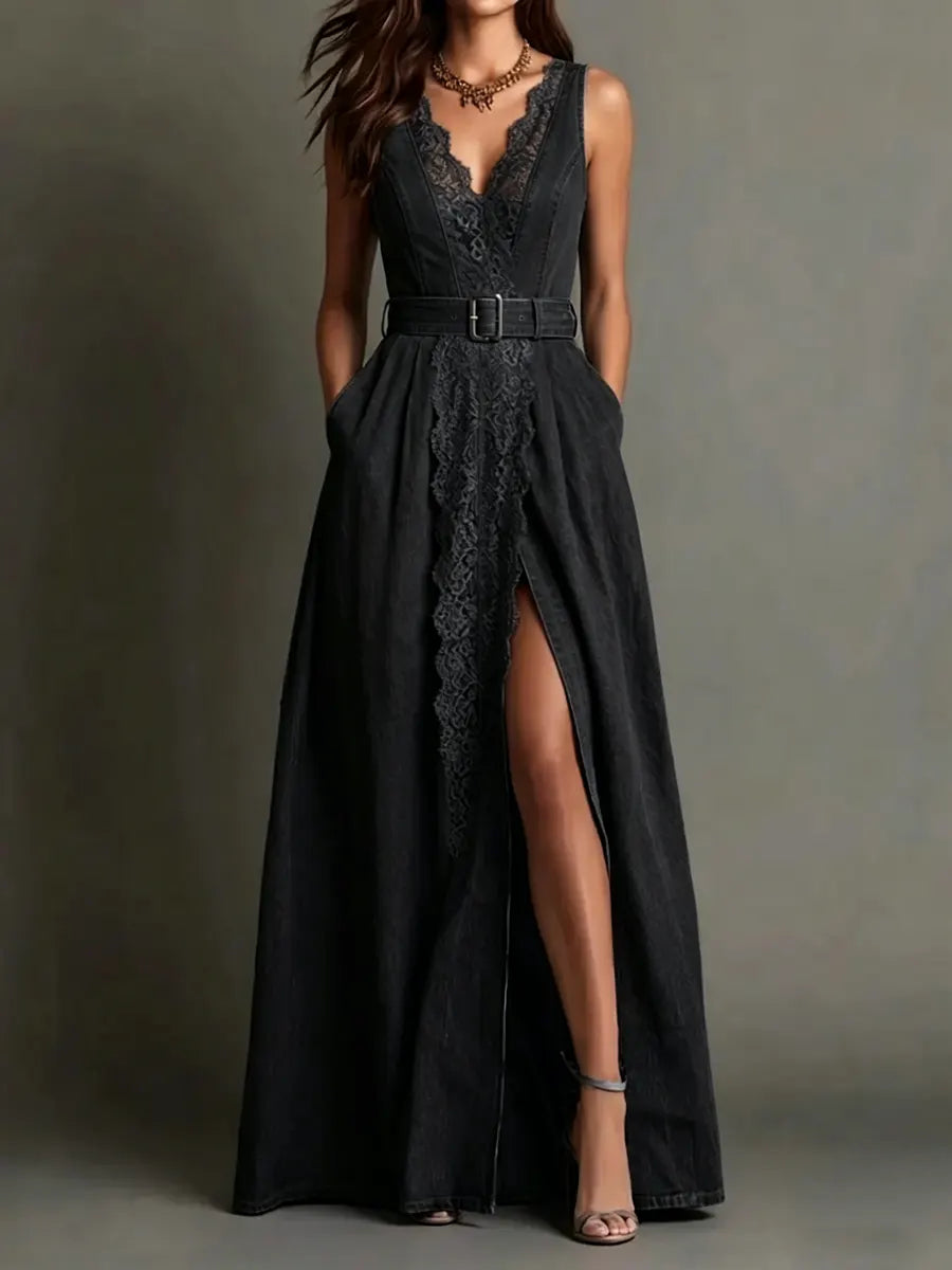 Women's Vacation Style Lace Trim V-neck Sleeveless Denim Dress