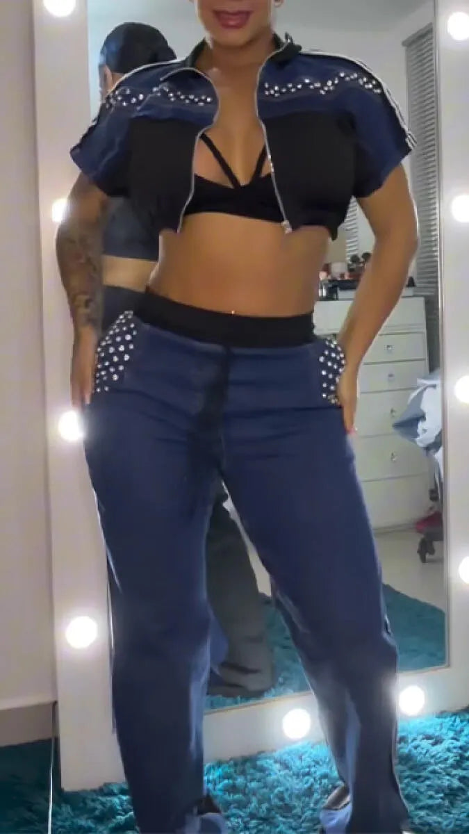 Women Round Neck Hot Pressed Diamond Spliced Top+ Pants Casual Set
