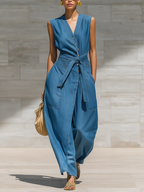 Casual Loose-fit Belted Denim Jumpsuit