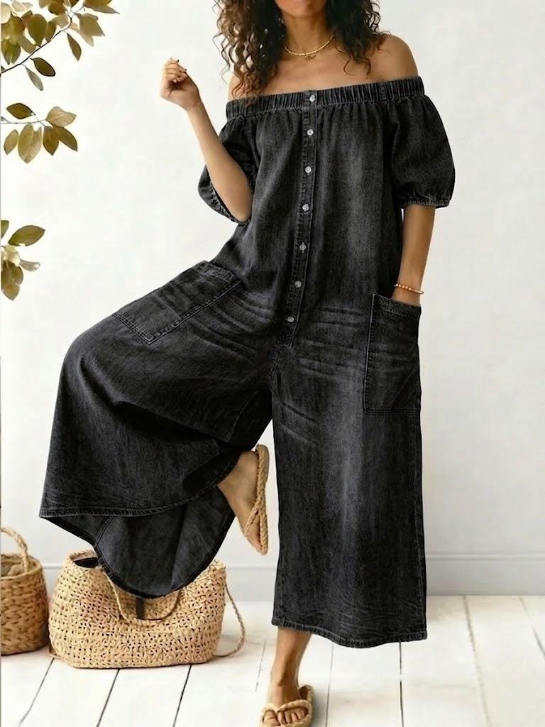 Casual Off-shoulder Denim Jumpsuit